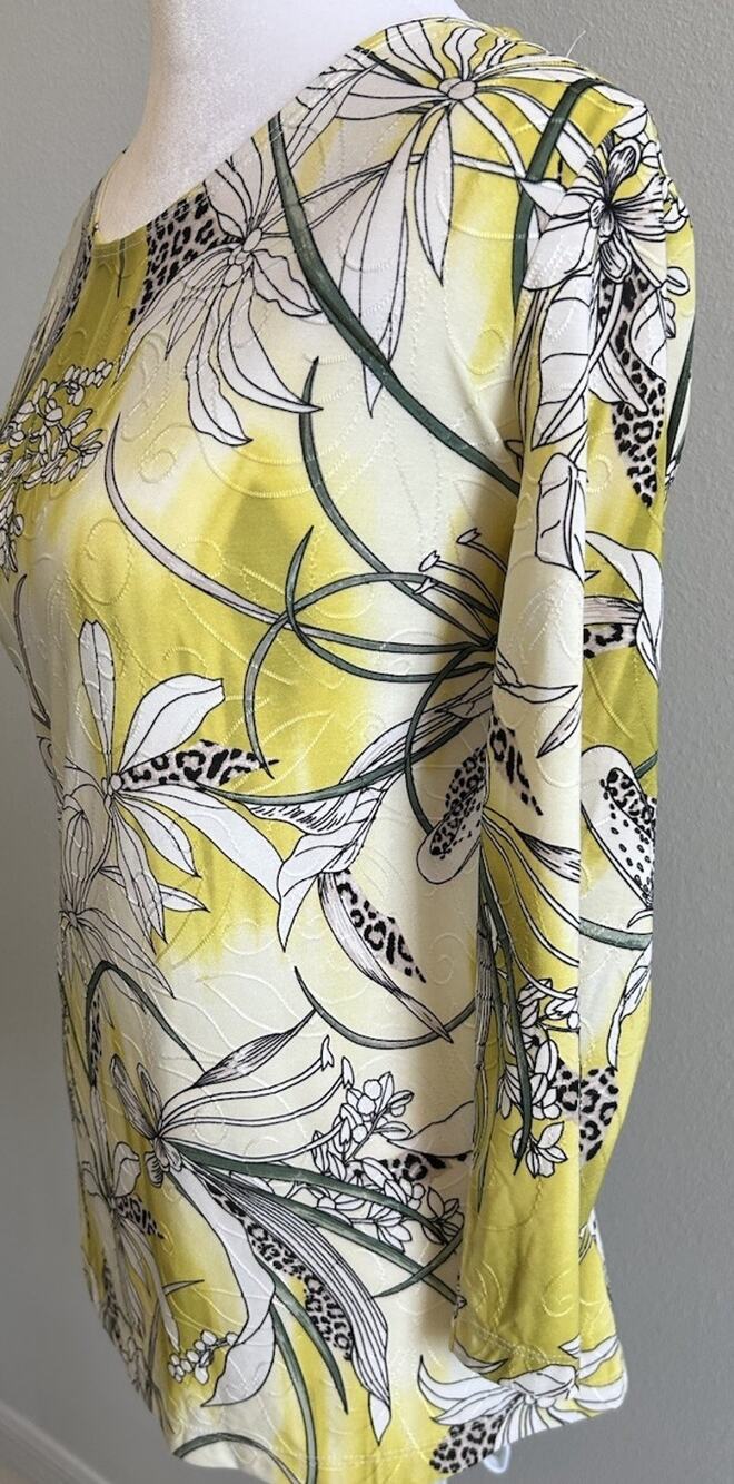 JM Collection Blouse S Yellow Flowers Texture Botanical Tropical Resort Aloha